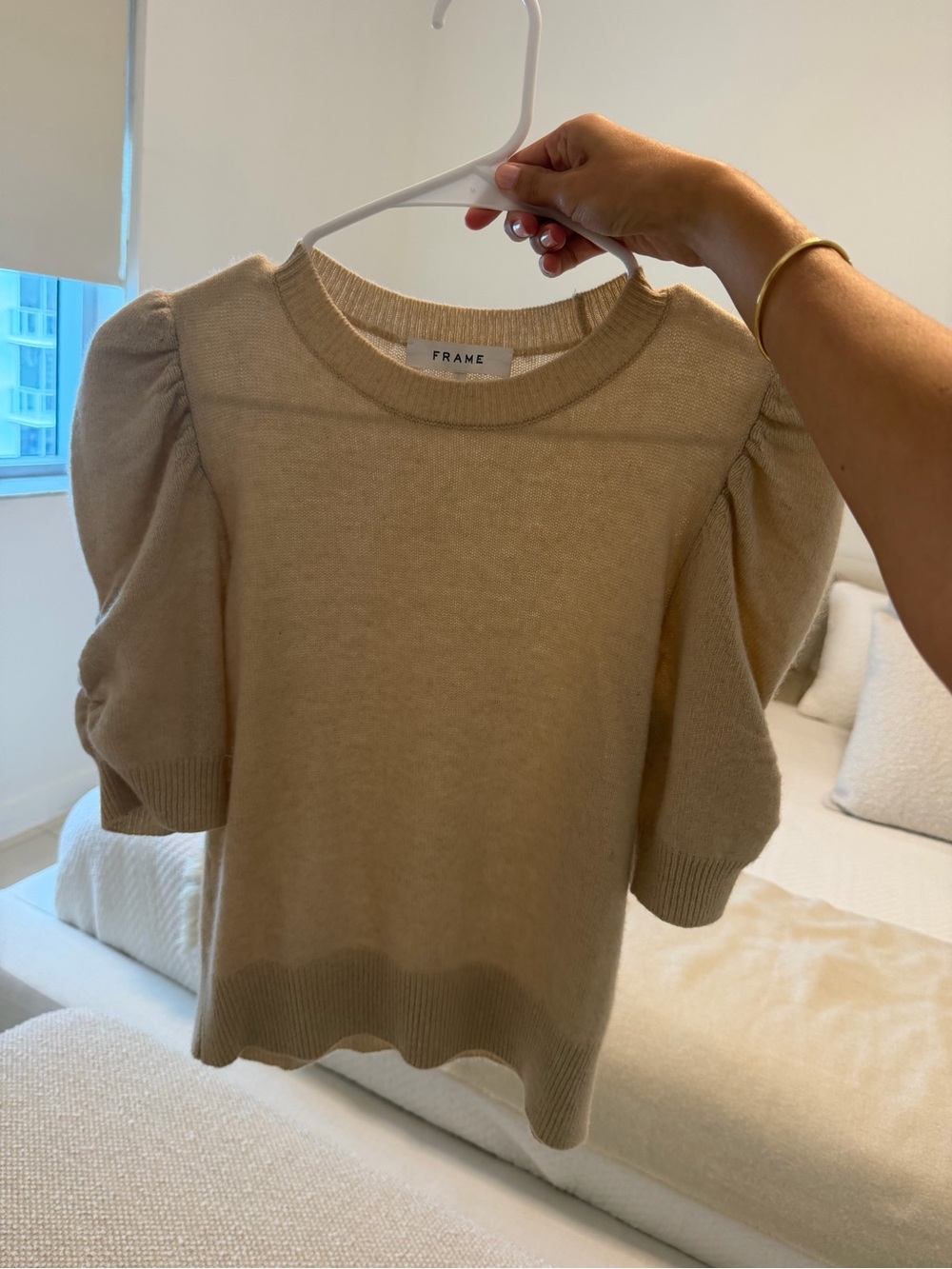 Frame Denim Puff Sleeve Sweater in Beige